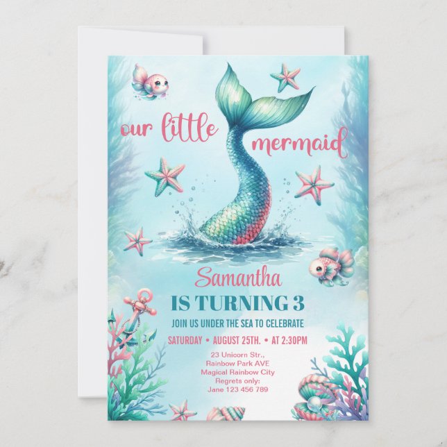 Invitation Queue aquarelle turquoise chic queue de sirène ann (Devant)