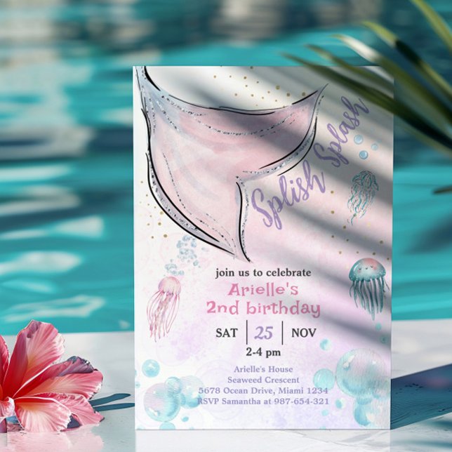 Invitation Queue de sirène à l'aquarelle rose et violette Inv (Créateur téléchargé)