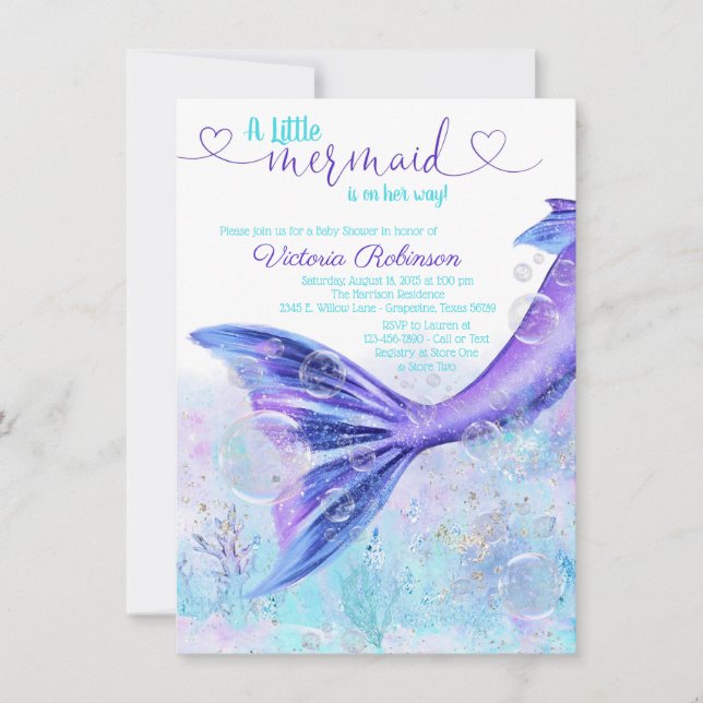 Invitation Queue de sirène Bébé Purple Baby shower bleu Turqu (Devant)