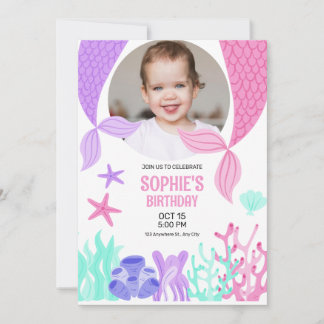 Invitation Queue de sirène mignonne, sirène avec anniversaire