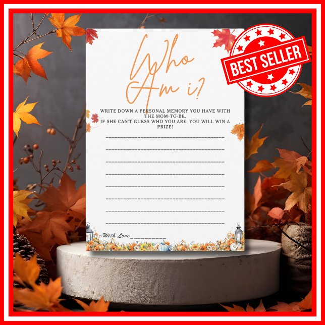 Invitation QUI SUIS-JE Baby shower JOUER UN PETIT CITROUILLE (WHO AM I Easy Baby Shower Game A Little Pumpkin is on the Way Fall Autumn Theme )