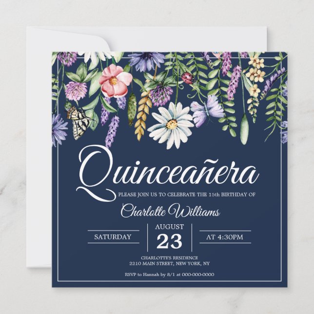 Invitation Quicneañera Fleurs sauvages élégants 15e anniversa (Devant)