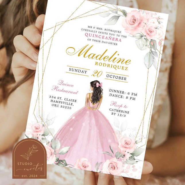 Invitation Quincanera royal de la Couronne géométrique rose e (Créateur téléchargé)