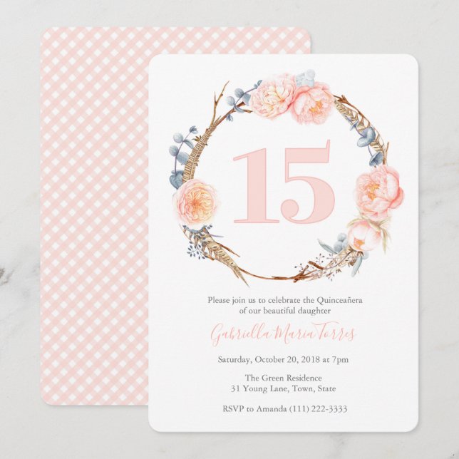 Invitation Quince 15ème anniversaire de fête pour fille latin (Devant / Derrière)