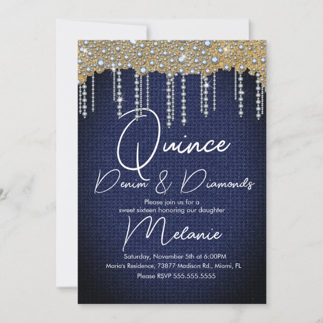 Invitation Quince Denim Diamonds Gem Pearls Gold (Devant)
