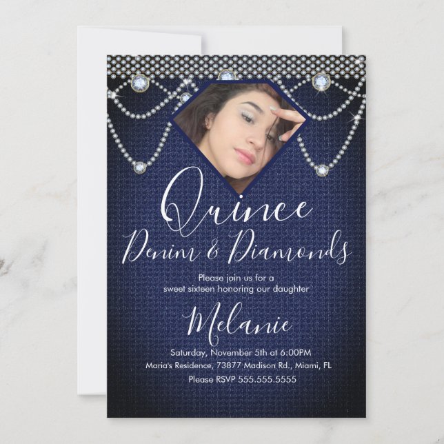 Invitation Quince Denim Diamonds Gem Pearls Photo (Devant)