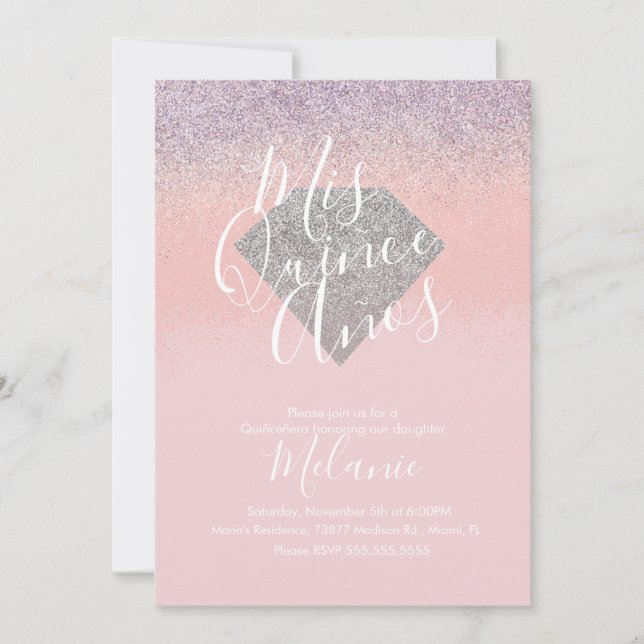 Invitation Quiñce Faux Parties scintillant Diamond Rose Anniv (Devant)