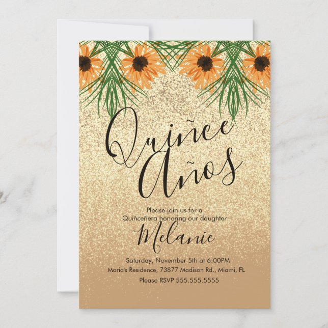 Invitation Quiñce Faux Parties scintillant Tournesol Invitati (Devant)
