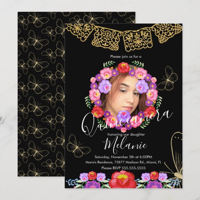 Invitation Quince Parties scintillant Faux Floral Butterflies (Devant / Derrière)