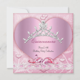 Invitation Quinceanera 15 15 ans Blanc Cygnes Roses Diadème C