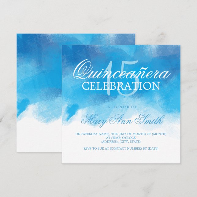 Invitation Quinceanera 15 Anniversaire Bleu d'été Aquarelle (Devant / Derrière)