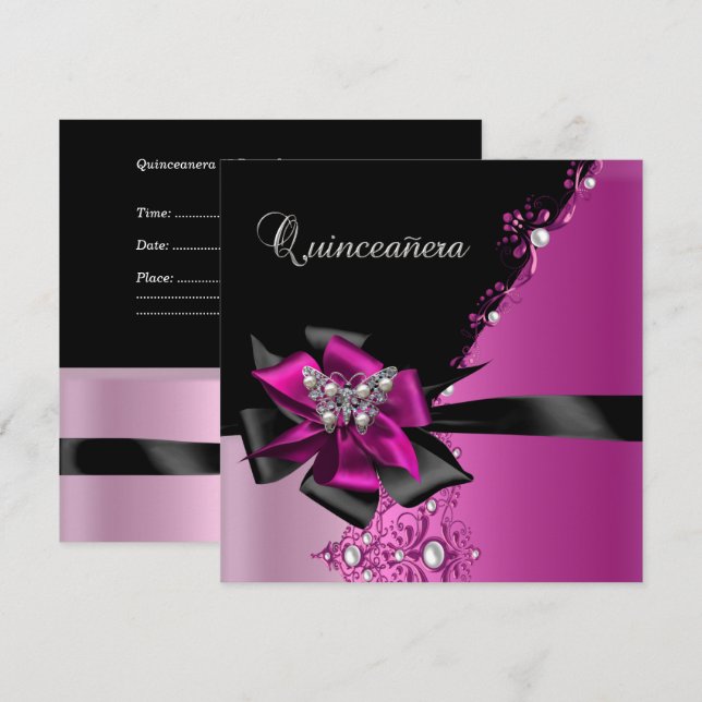 Invitation Quinceanera 15 Anniversaire fête Hot rose Noir (Devant / Derrière)