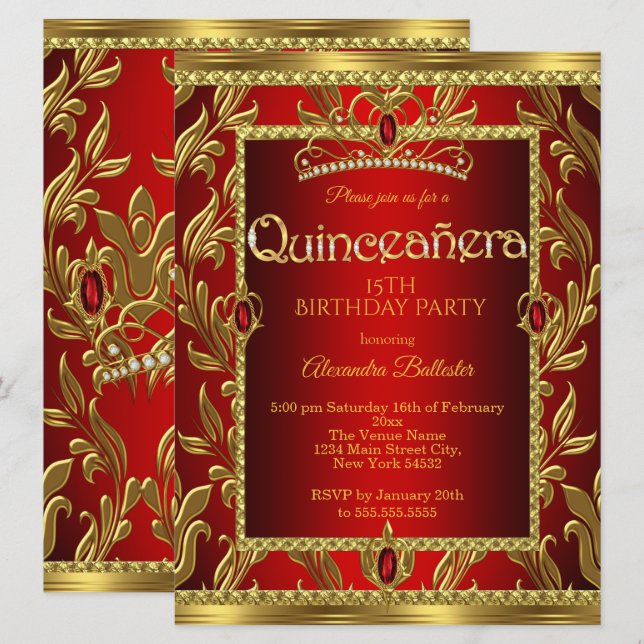 Invitation Quinceanera 15 Anniversaire Rouge Ruby Bijou Tiara (Devant / Derrière)