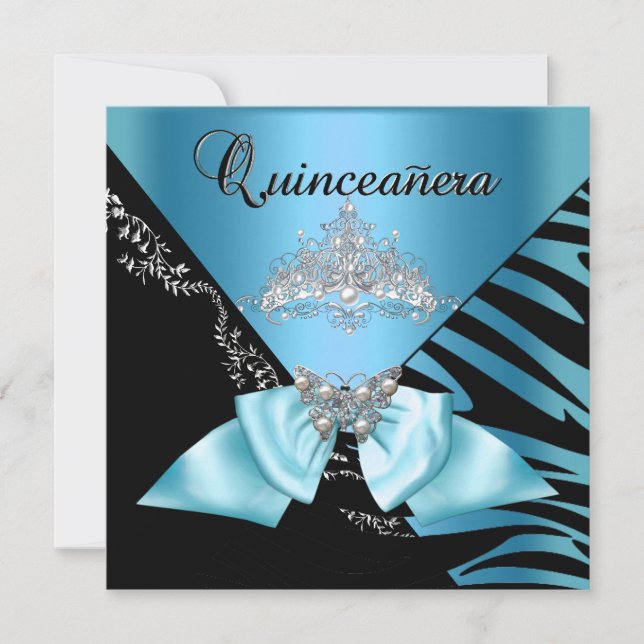 Invitation Quinceanera 15 Anniversaire Zebra Bleu Noir Tiara (Devant)