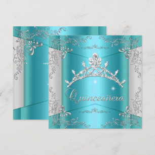Invitation Quinceanera 15 ans Diadème Bleu Sarcelle Argenté