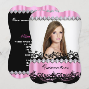 Invitation Quinceanera 15 ans Rose Noir Blanc Broderie Photo