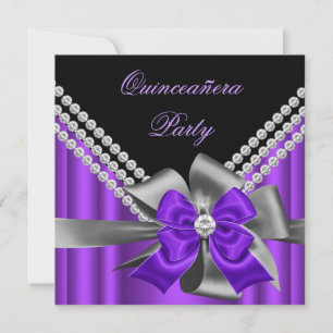 Invitation Quinceanera 15 ans Violet Gris Argent Nœud Diamant