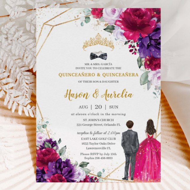 Invitation Quinceañera 15 Fuchsia Purple Lilac Twins Floraux (Créateur téléchargé)