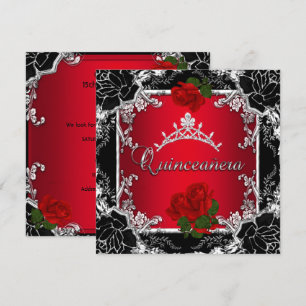 Invitation Quinceañera 15 Noir Argent Tiara Rose Rouge Floral