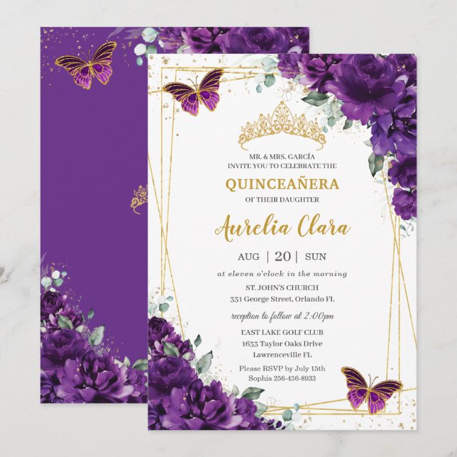 Invitation Quinceañera 15 Papillon bleu royal foncé (Devant / Derrière)