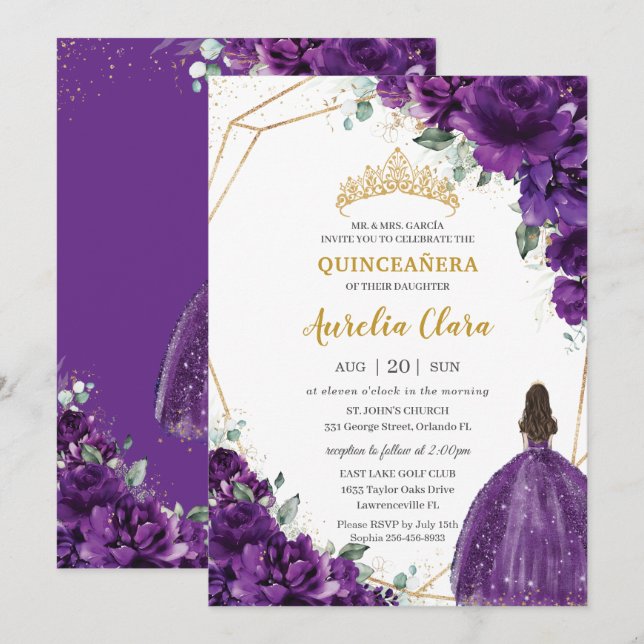 Invitation Quinceañera 15 Robe Royale Violette foncée Robe Or (Devant / Derrière)