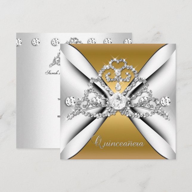 Invitation Quinceanera 15 Tiara Gold Silver White (Devant / Derrière)