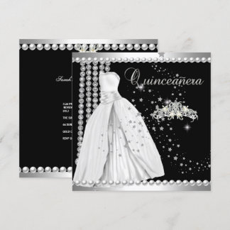 Invitation Quinceanera 15 Tiara Gown noir argent blanc