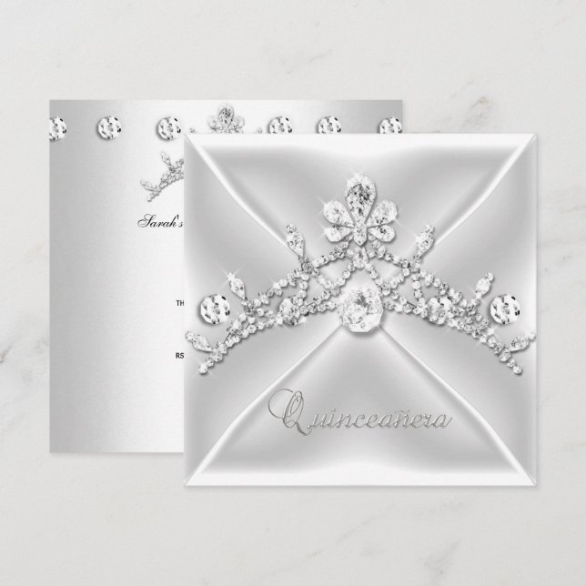 Invitation Quinceanera 15 Tiara Silver White Diamond (Devant / Derrière)