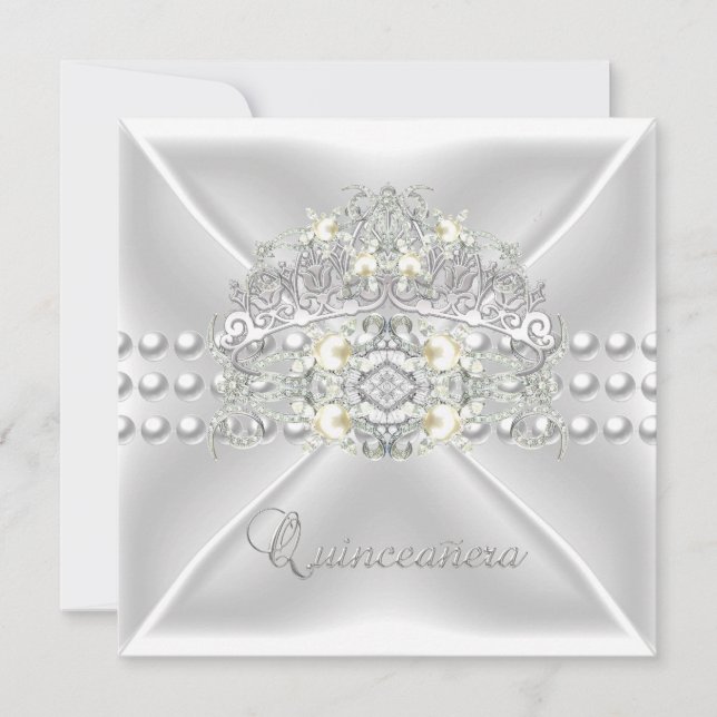 Invitation Quinceanera 15 Tiara Silver White Pearl Diamond (Devant)