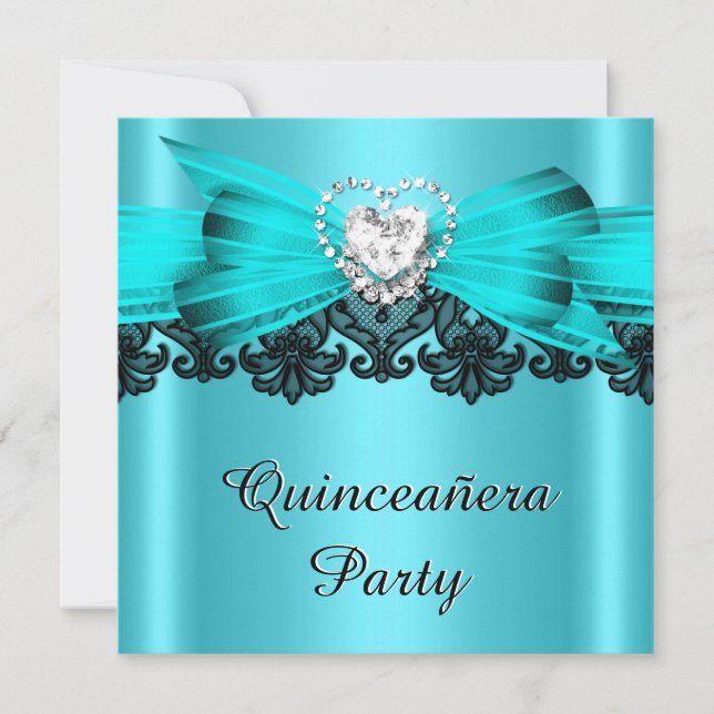 Invitation Quinceanera 15 Turquoise blanc dentelle bijouterie (Devant)