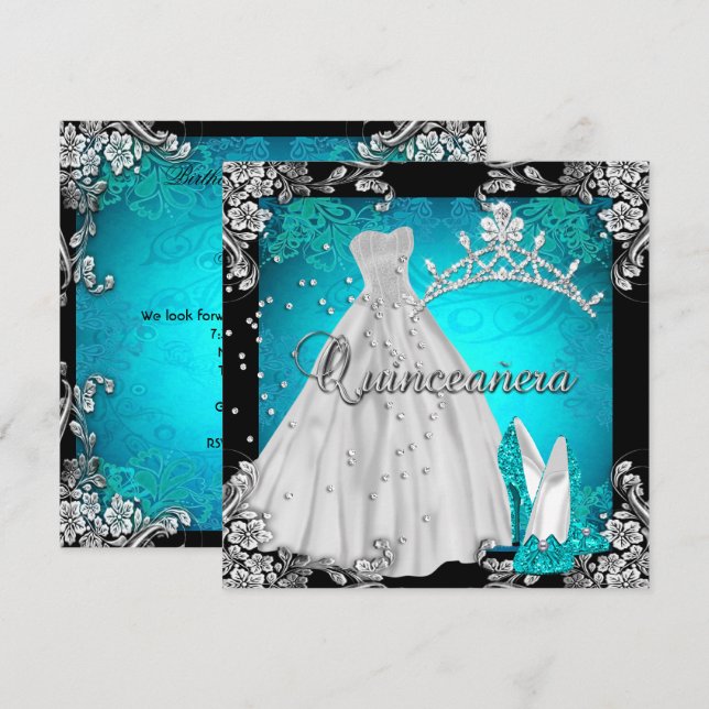 Invitation Quinceanera 15e 15 Anniversaire Robe Turquoise Cha (Devant / Derrière)