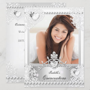 Invitation Quinceanera 15e anniversaire Argent Coeurs blancs