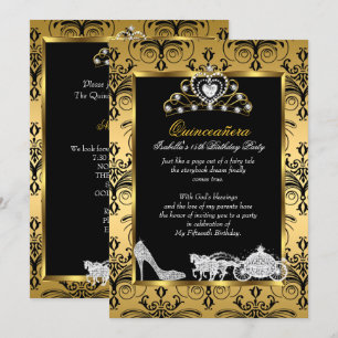 Invitation Quinceanera 15e anniversaire Black Gold Damask