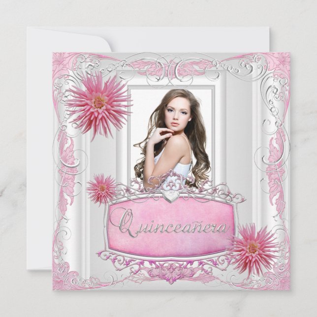 Invitation Quinceanera 15e anniversaire blanc rose argent Dah (Devant)