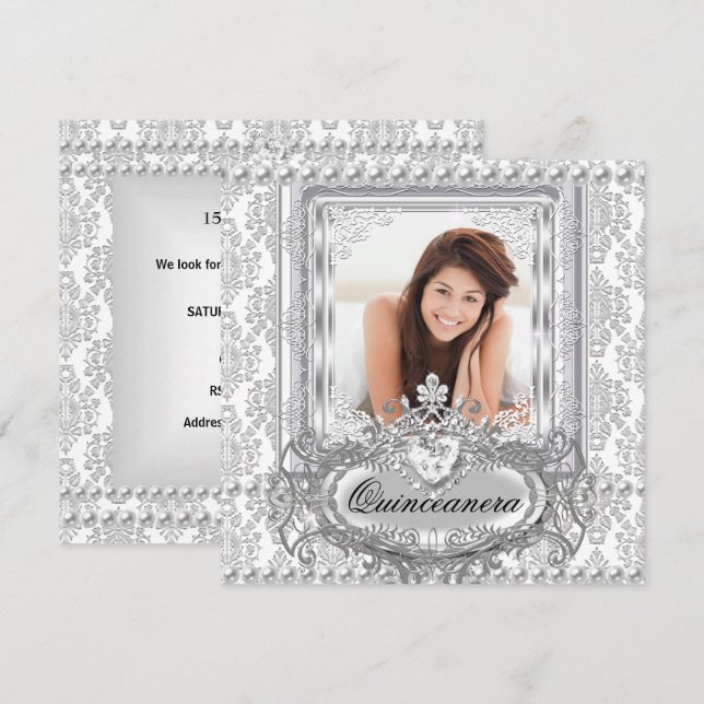 Invitation Quinceanera 15e anniversaire Damask Argent Blanc (Devant / Derrière)
