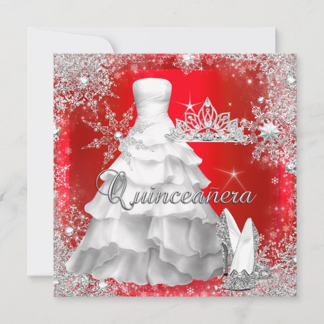 Invitation Quinceanera 15e anniversaire d'argent rouge chaud (Devant)
