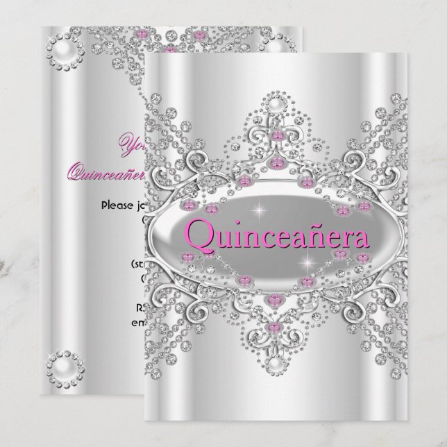 Invitation Quinceañera 15e anniversaire de fête Diamants rose (Devant / Derrière)