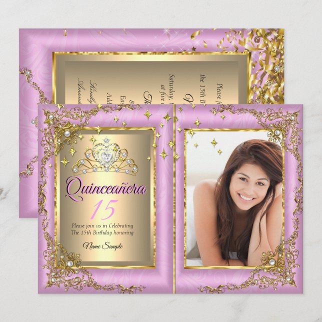 Invitation Quinceanera 15e anniversaire de fête Gold rose pho (Devant / Derrière)