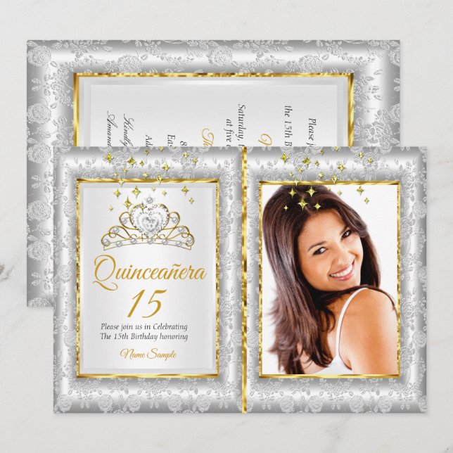 Invitation Quinceanera 15e anniversaire de fête Silver Gold P (Devant / Derrière)