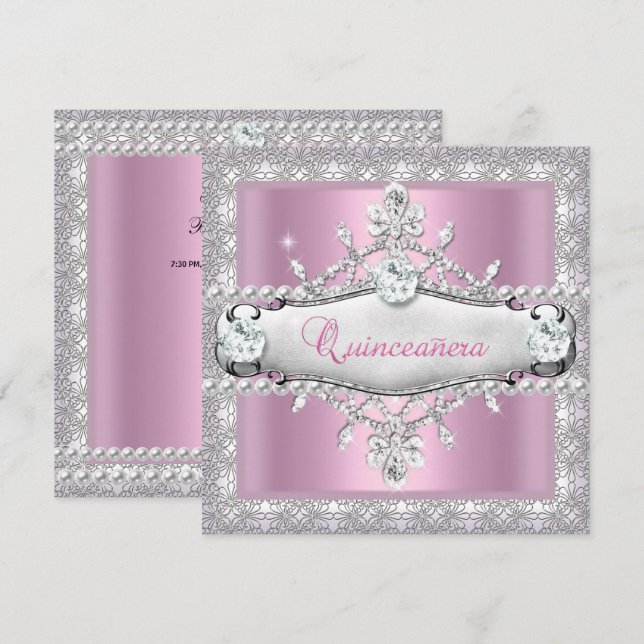 Invitation Quinceanera 15e anniversaire Diamant rose Tiara (Devant / Derrière)