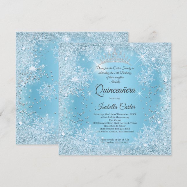Invitation Quinceanera 15e anniversaire du flocon de neige bl (Devant / Derrière)