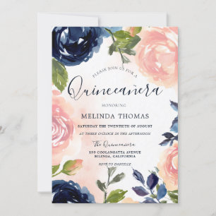Invitation Quinceañera 15e anniversaire Fête Blush Navy Fleur
