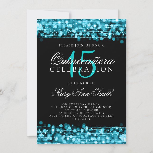Invitation Quinceanera 15e anniversaire fête étincelle Turquo (Devant)