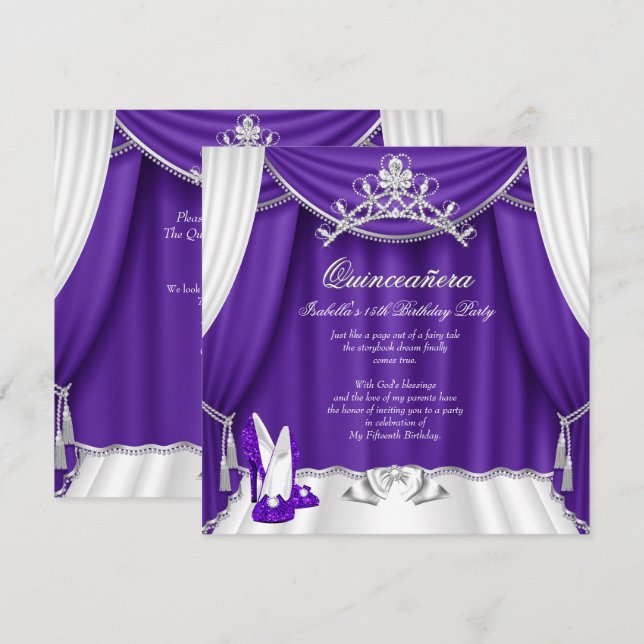 Invitation Quinceanera 15e anniversaire fête pourpre talons T (Devant / Derrière)