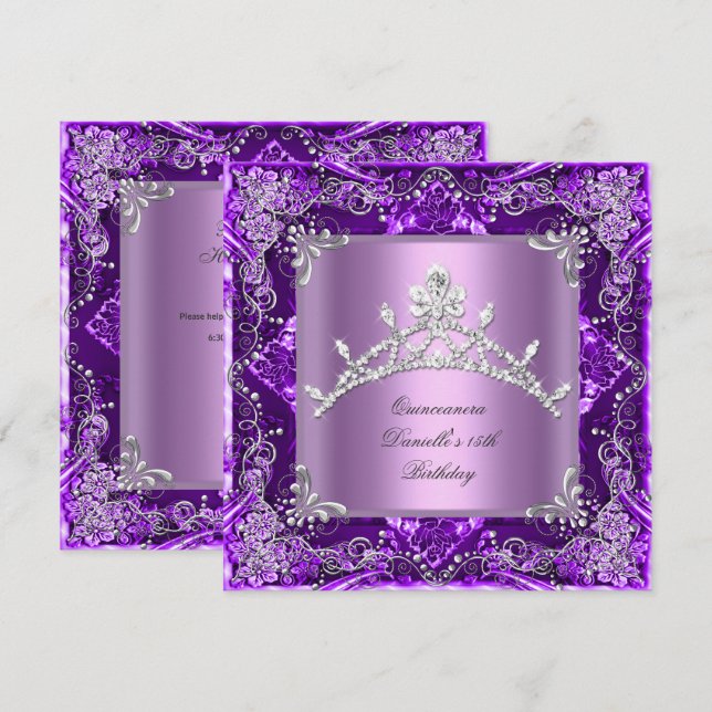 Invitation Quinceanera 15e anniversaire fête Purple Lilac (Devant / Derrière)