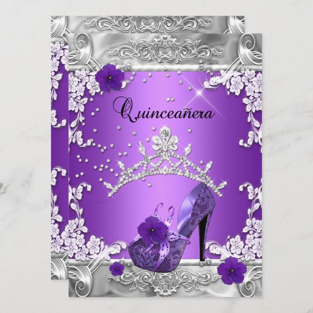 Invitation Quinceanera 15e anniversaire fête Purple Silver (Devant / Derrière)