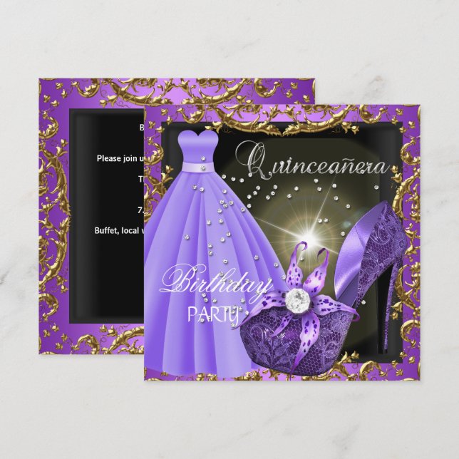 Invitation quinceanera 15e anniversaire fête robe violette Go (Devant / Derrière)