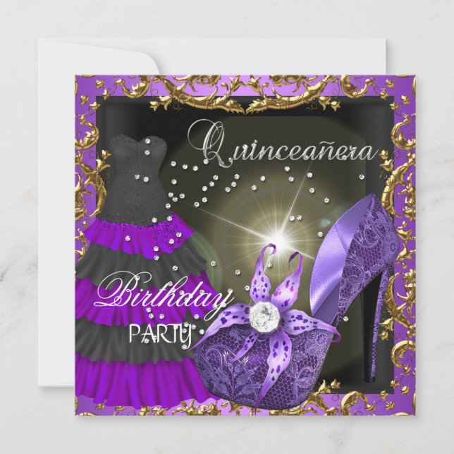 Invitation quinceanera 15e anniversaire fête robe violette Go (Devant)
