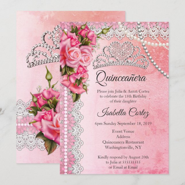Invitation Quinceanera 15e anniversaire fête rose Roses Tiara (Devant / Derrière)