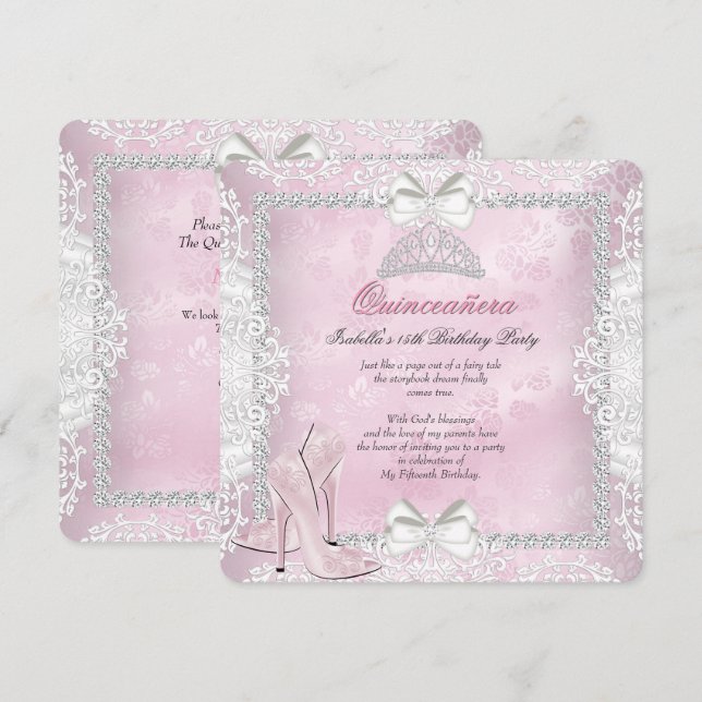 Invitation Quinceanera 15e anniversaire fête rose talons haut (Devant / Derrière)